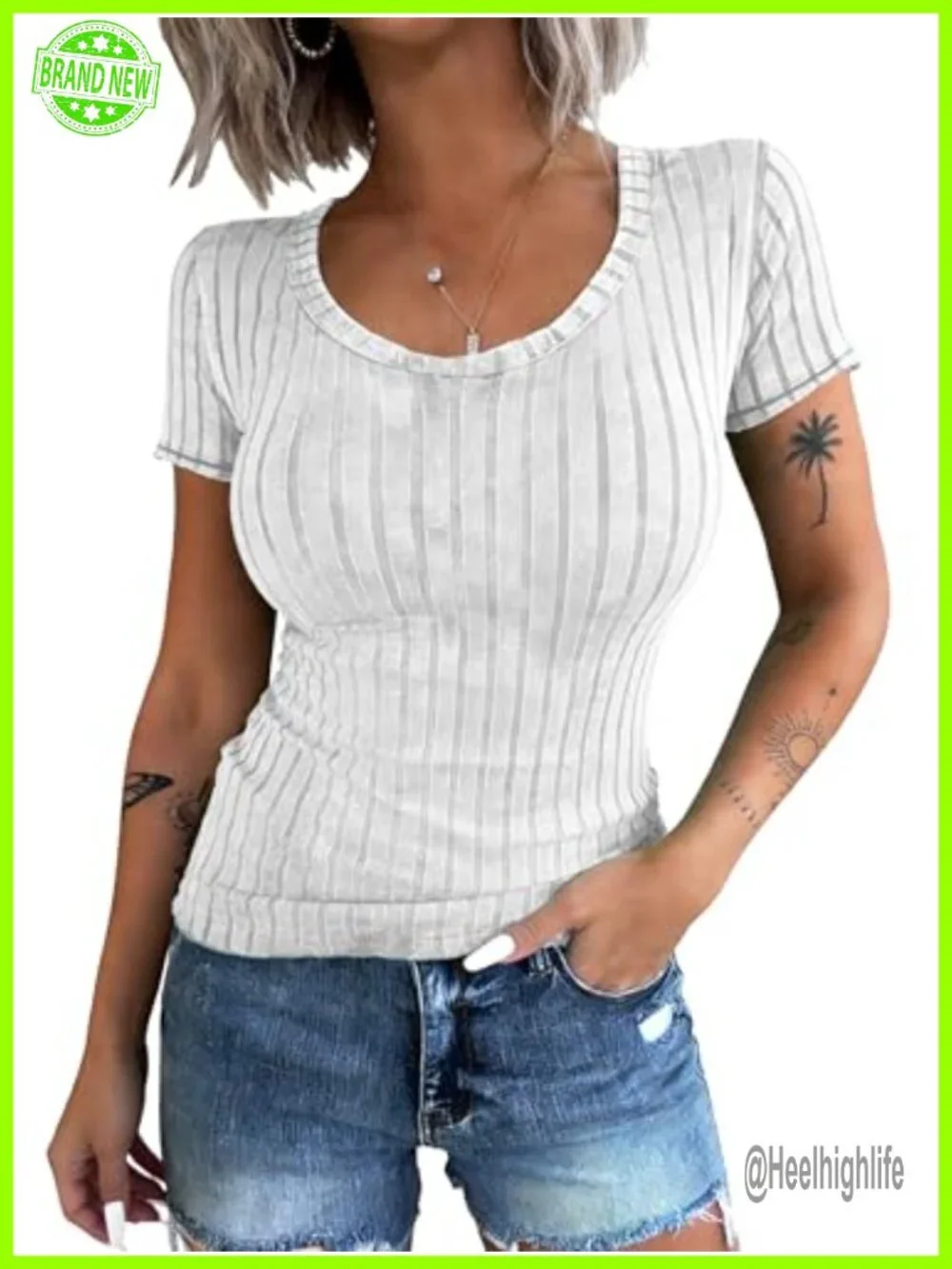 Ribbed Knit Scoop Neck Short Sleeve Slim Fit Tee Casual Summer Top